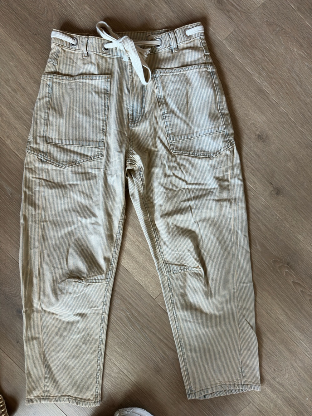 Striped Light Beige Drawstring Pants with Metal Eyelets